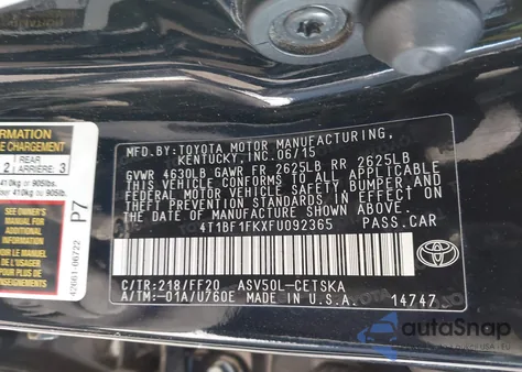 2015 Toyota Camry Se из США, поврежденный, VIN 4T1BF1FKXFU092365